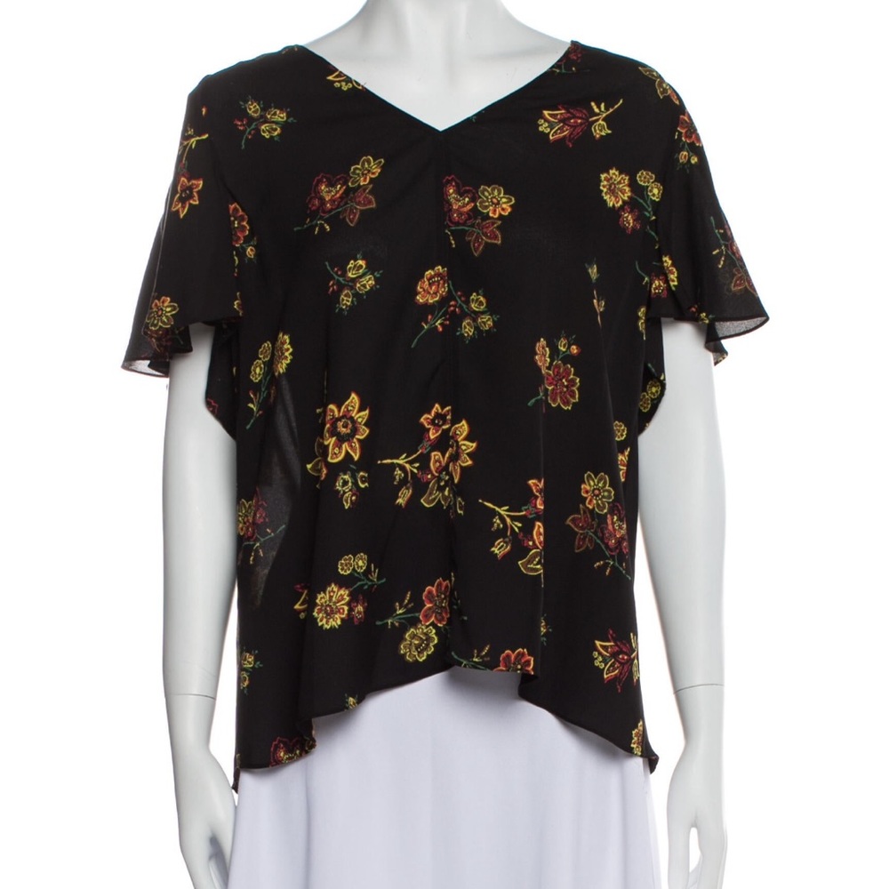 A.L.C. Black & Floral Print Silk Blouse, Size 8